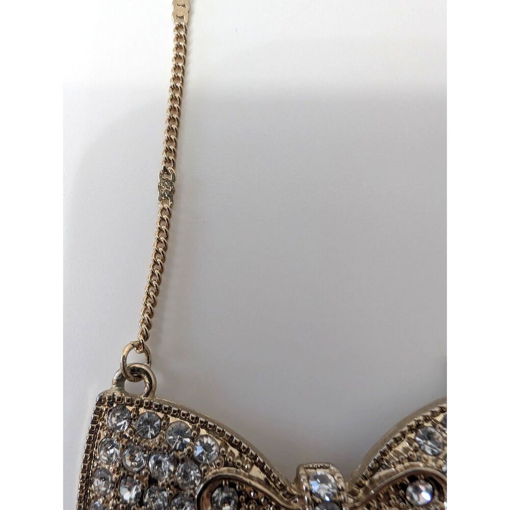 Vintage Delicate Gold & Rhinestone Crystal Bow Necklace - Picture 4 of 9